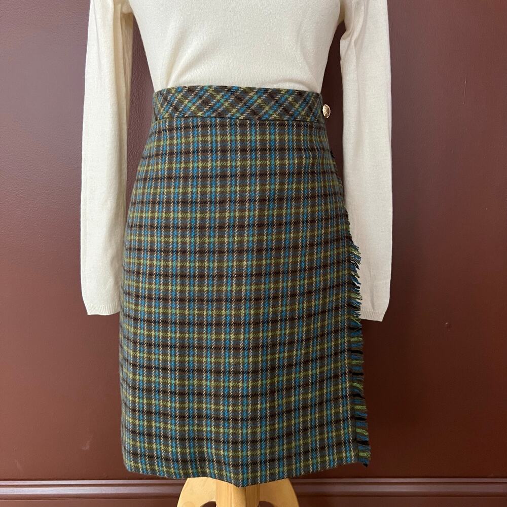 Talbots Plaid Wool Skirt Olive Green Tartan Fringe Pencil High Waist Skirt 4